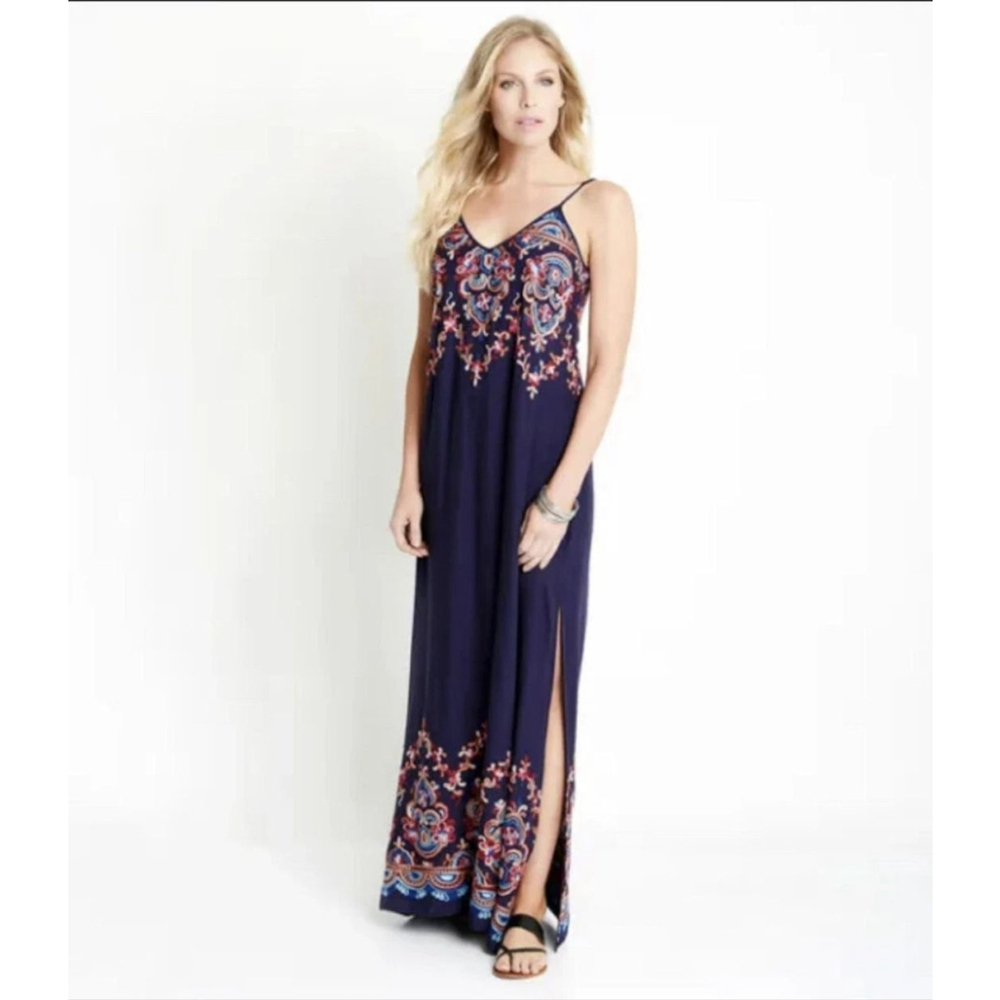 Karen Kane Maxi Dress Size M Blue Floral BOHO embroidered